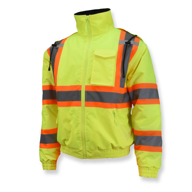 Radians SJ11QX-3 Class 3 X-Back High Visibility Quilted Bomber Jacket with Hood - Hi Vis Lime - 4X